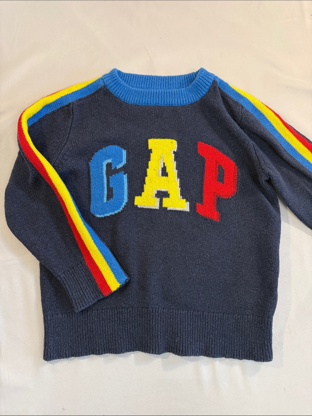 GAP retro style Navy Sweater with Blue, Yellow & Red Logo and Stripe Accents